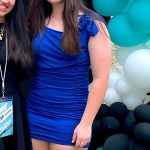 SHIEN - INAWLY Solva Asymmetrical Neck Knot Side Ruched Bodycon Dress Blue